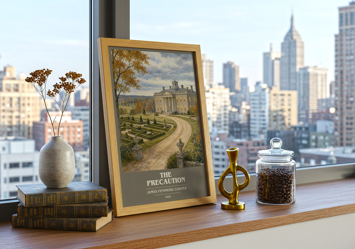 The Precaution book cover print framed by window – literary home decor