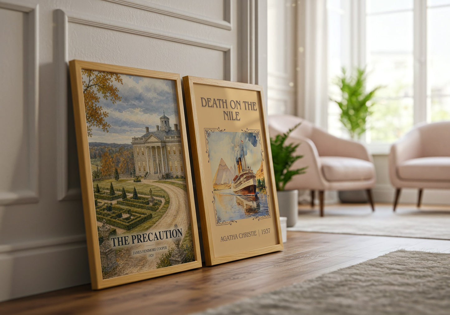 The Precaution watercolour print framed by window – literary home decor