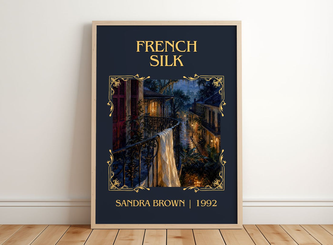 French Silk Classic Book Art Print by Sandra Brown – framed print leaning on a wooden floor