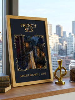 French Silk Classic Book Art Print by Sandra Brown – framed print on a city-view windowsill