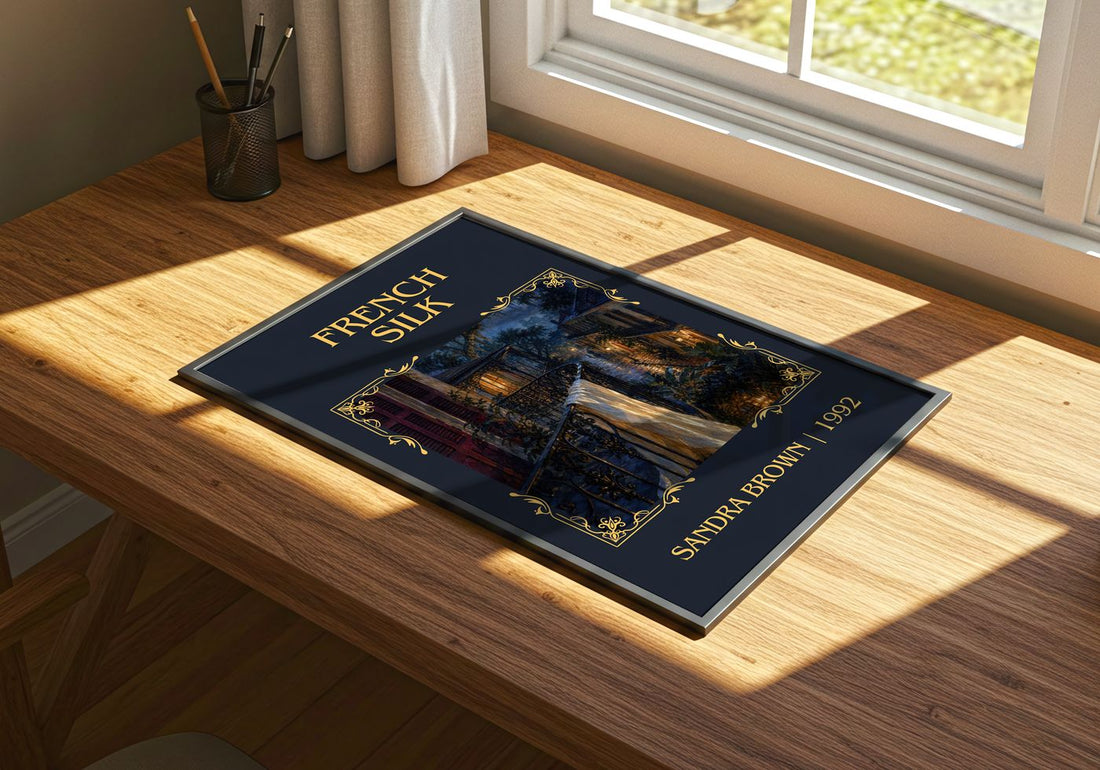French Silk Classic Book Art Print by Sandra Brown – print on a sunlit desk