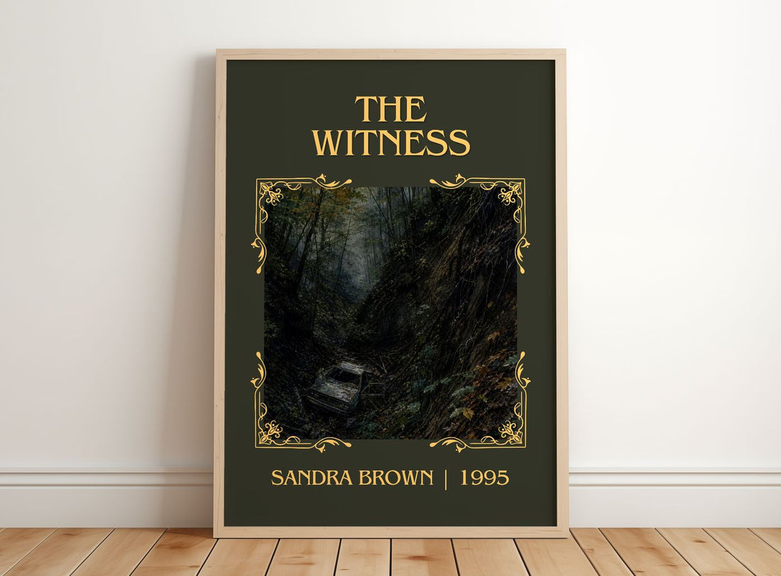 The Witness Classic Book Art Print by Sandra Brown – framed print leaning on a wooden floor