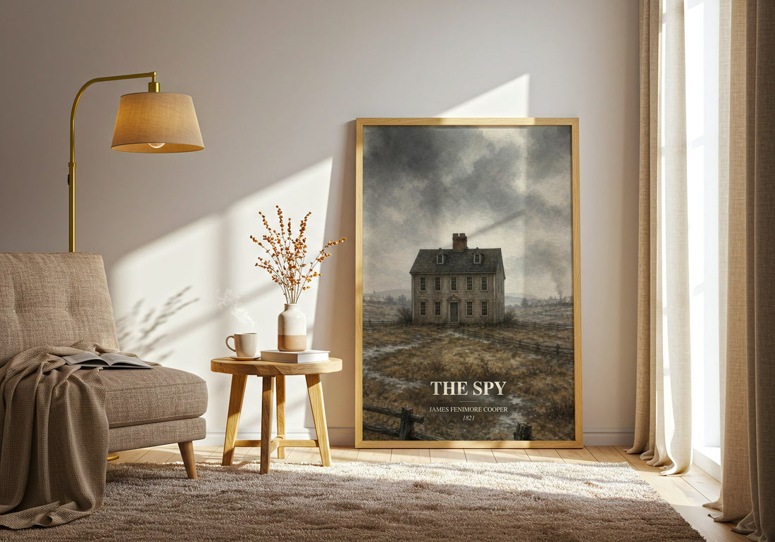 The Spy watercolour print in frame leaning in hallway – historical fiction wall art (mockup)