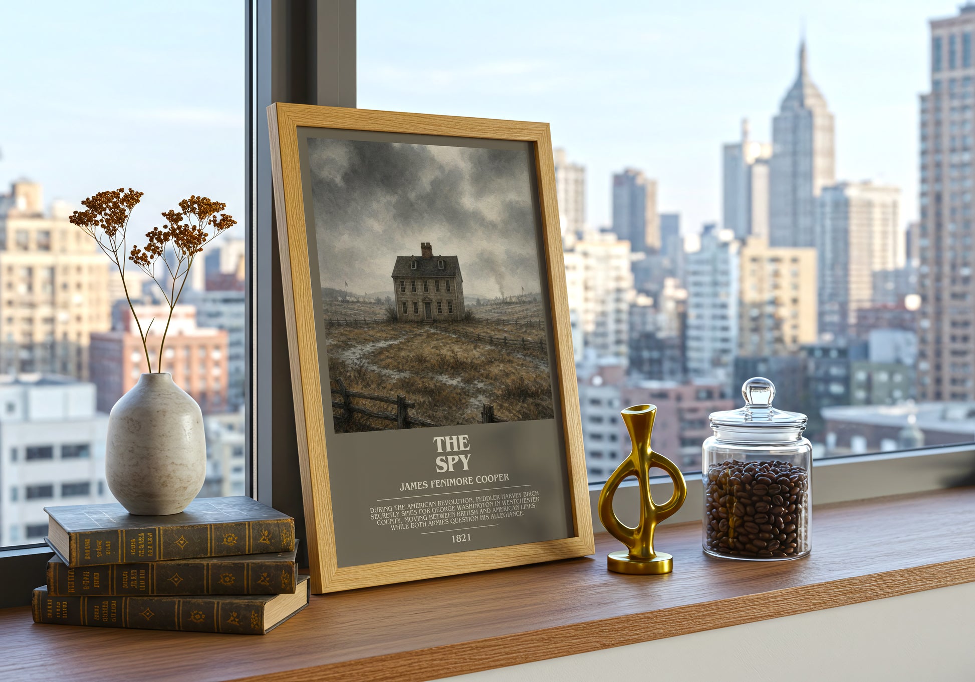 The Spy bookish print framed by window – literary home decor