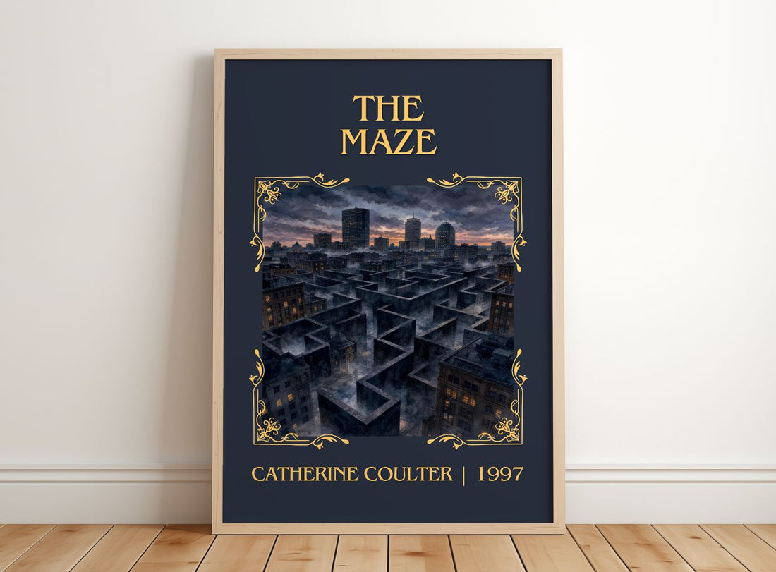 The Maze Classic Book Art Print by Catherine Coulter – framed print leaning on a wooden floor