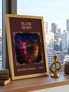 Slow Burn Classic Book Art Print by Heather Graham – framed print on a city-view windowsill