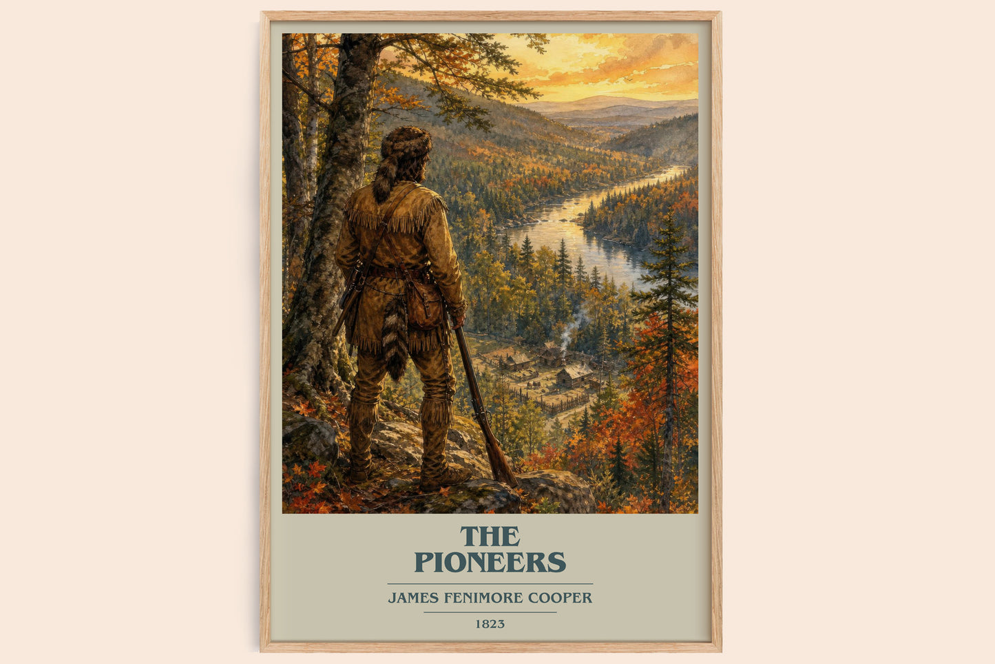 The Pioneers book cover book poster by James Fenimore Cooper – framed literary art print