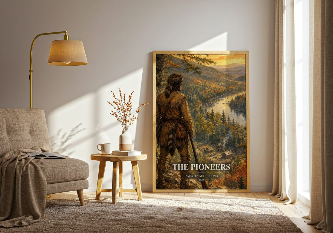 The Pioneers watercolour print in frame leaning in hallway – historical fiction wall art (mockup)