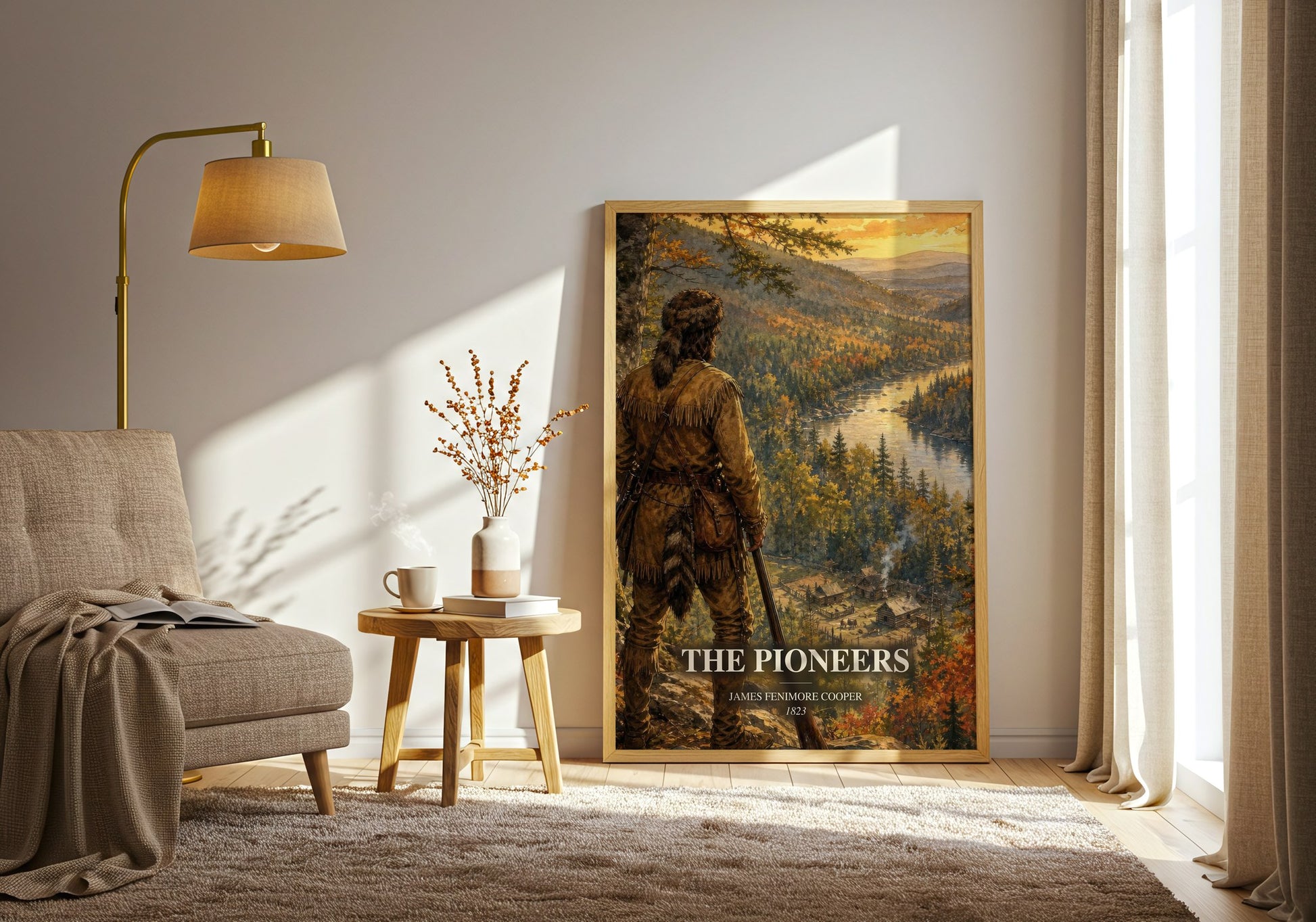 The Pioneers watercolour print in frame leaning in hallway – historical fiction wall art
