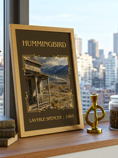 Hummingbird Classic Book Art Print by LaVyrle Spencer – framed print on a city-view windowsill