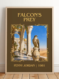 Falcon's Prey Classic Book Art Print by Penny Jordan – framed print leaning on a wooden floor