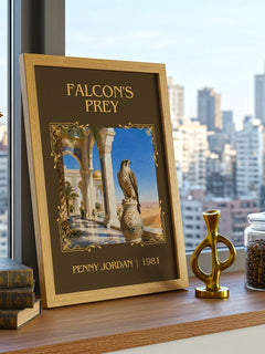 Falcon's Prey Classic Book Art Print by Penny Jordan – framed print on a city-view windowsill