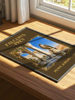 Falcon's Prey Classic Book Art Print by Penny Jordan – print on a sunlit desk