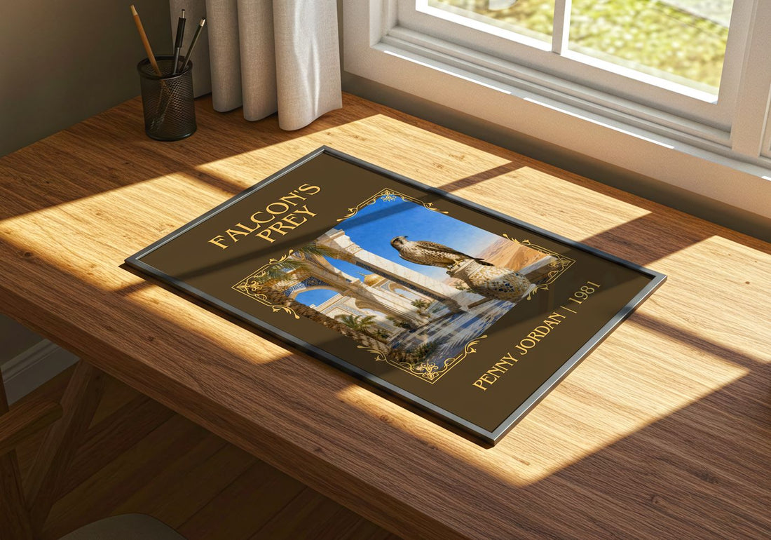 Falcon's Prey Classic Book Art Print by Penny Jordan – print on a sunlit desk