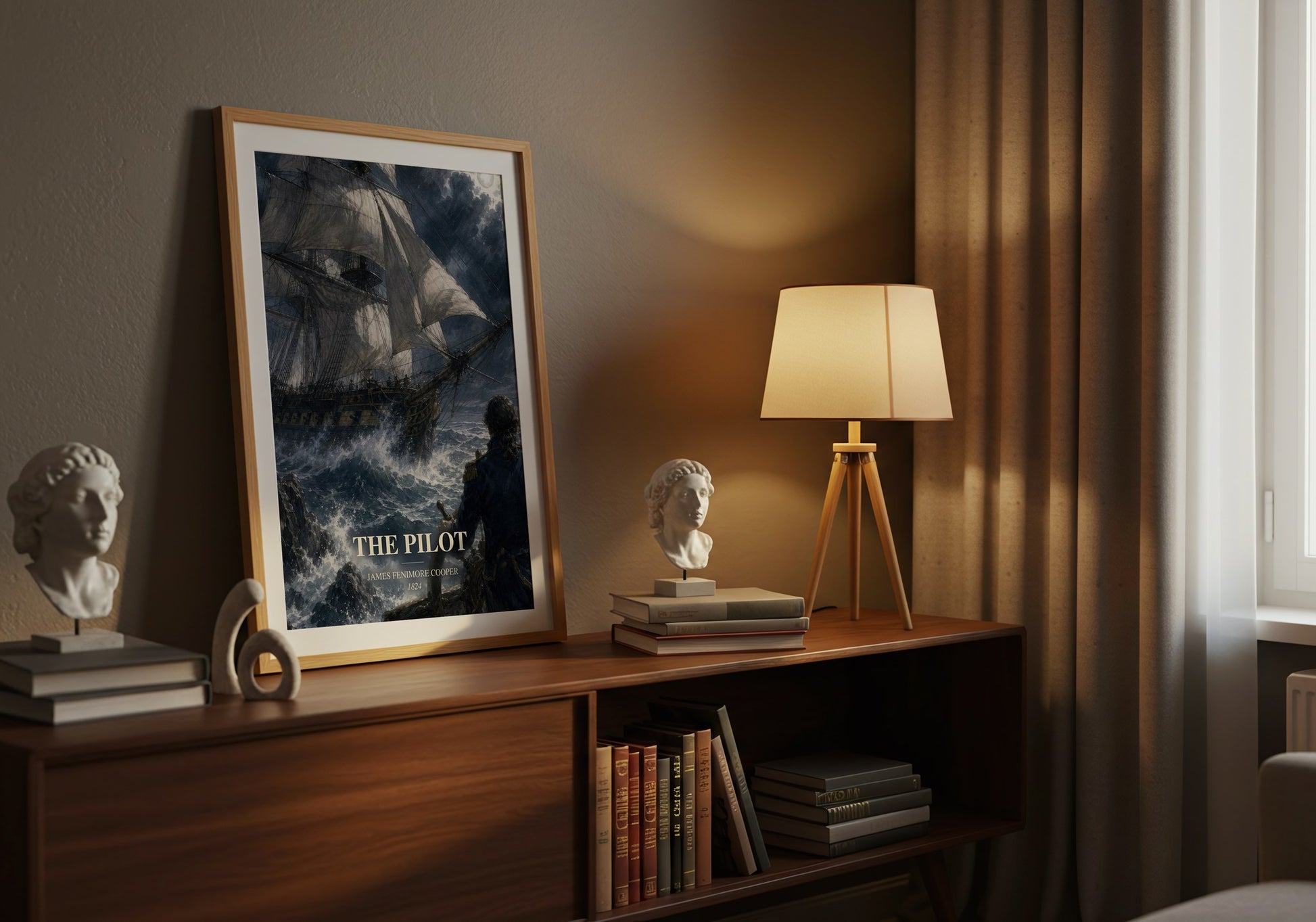 The Pilot watercolour print on bookshelf – James Fenimore Cooper fan gift