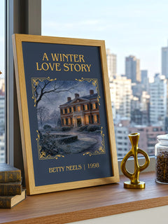 A Winter Love Story Classic Book Art Print by Betty Neels – framed print on a city-view windowsill