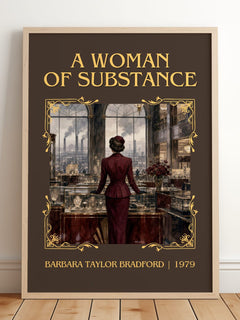 A Woman of Substance Classic Book Art Print by Barbara Taylor Bradford – framed print leaning on a wooden floor