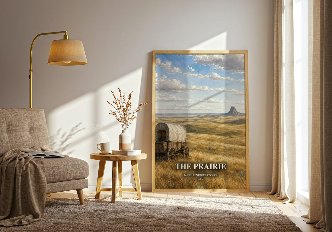 The Prairie watercolour print in frame leaning in hallway – historical fiction wall art (mockup)