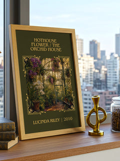 Hothouse Flower / The Orchid House Classic Book Art Print by L. Riley – framed print on a city-view windowsill