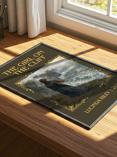 The Girl on the Cliff Classic Book Art Print by Lucinda Riley – print on a sunlit desk