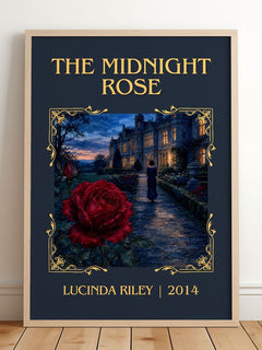 The Midnight Rose Classic Book Art Print by Lucinda Riley – framed print leaning on a wooden floor