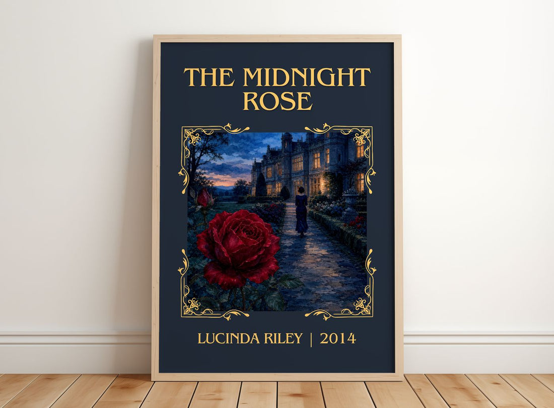 The Midnight Rose Classic Book Art Print by Lucinda Riley – framed print leaning on a wooden floor