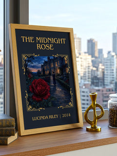 The Midnight Rose Classic Book Art Print by Lucinda Riley – framed print on a city-view windowsill