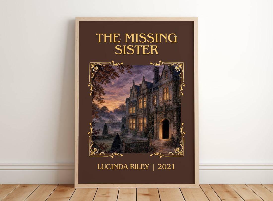 The Missing Sister Classic Book Art Print by Lucinda Riley – framed print leaning on a wooden floor