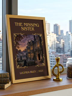 The Missing Sister Classic Book Art Print by Lucinda Riley – framed print on a city-view windowsill