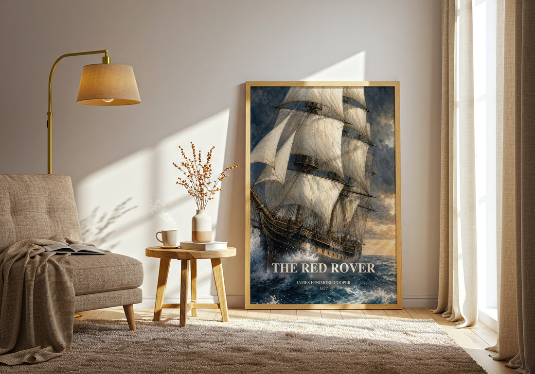 The Red Rover watercolour print in frame leaning in hallway – adventure wall art (mockup)