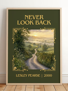 Never Look Back Classic Book Art Print by Lesley Pearse – framed print leaning on a wooden floor