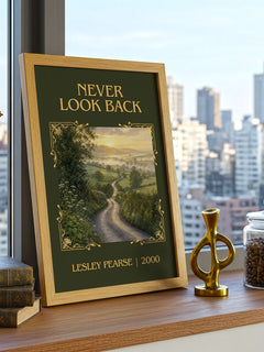 Never Look Back Classic Book Art Print by Lesley Pearse – framed print on a city-view windowsill
