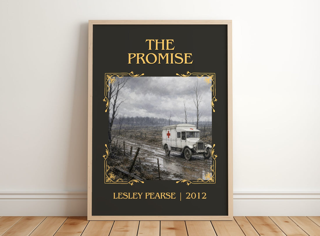 The Promise Classic Book Art Print by Lesley Pearse – framed print leaning on a wooden floor