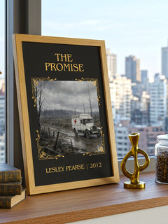 The Promise Classic Book Art Print by Lesley Pearse – framed print on a city-view windowsill