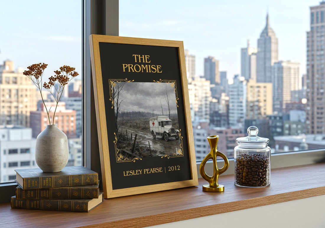 The Promise Classic Book Art Print by Lesley Pearse – framed print on a city-view windowsill