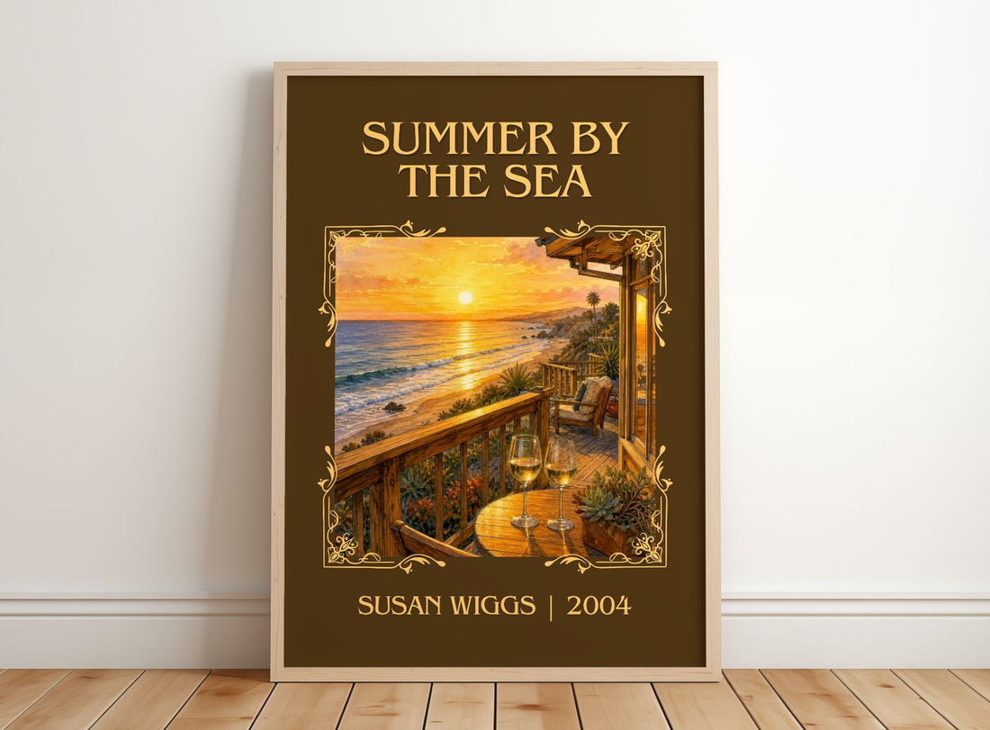 Summer by the Sea Classic Book Art Print by Susan Wiggs – framed print leaning on a wooden floor