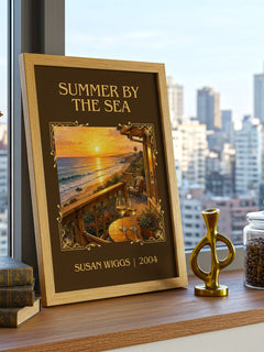 Summer by the Sea Classic Book Art Print by Susan Wiggs – framed print on a city-view windowsill
