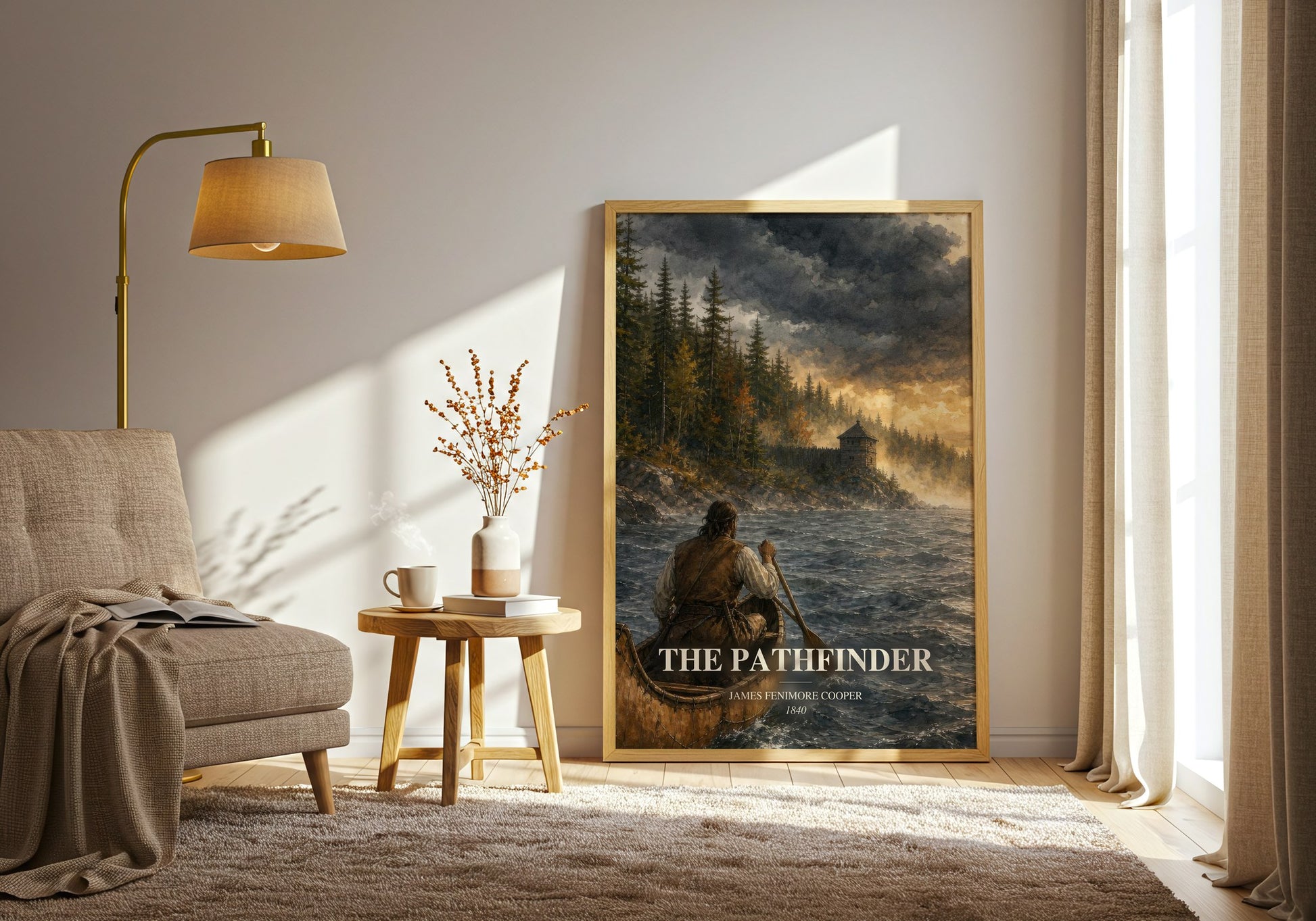 The Pathfinder watercolour print in frame leaning in hallway – historical fiction wall art