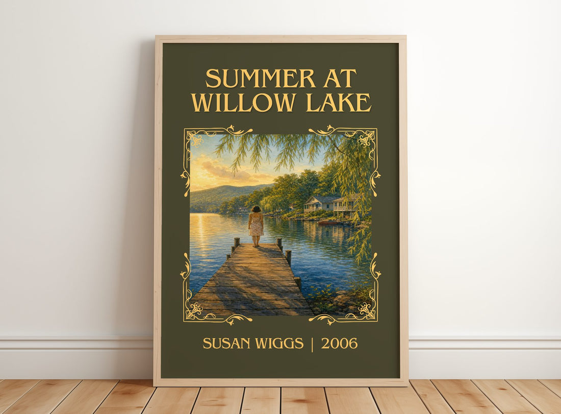 Summer at Willow Lake Classic Book Art Print by Susan Wiggs – framed print leaning on a wooden floor