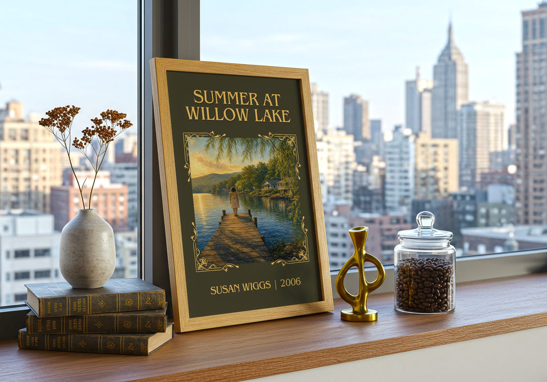 Summer at Willow Lake Classic Book Art Print by Susan Wiggs – framed print on a city-view windowsill