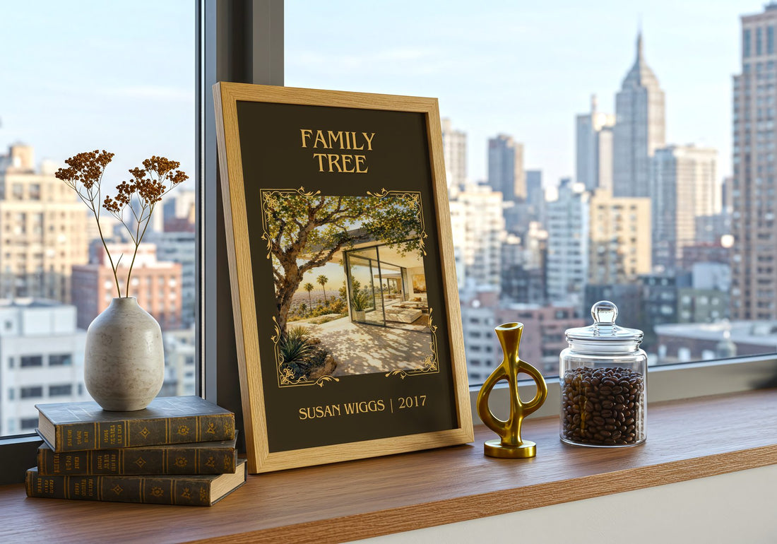 Family Tree Classic Book Art Print by Susan Wiggs – framed print on a city-view windowsill