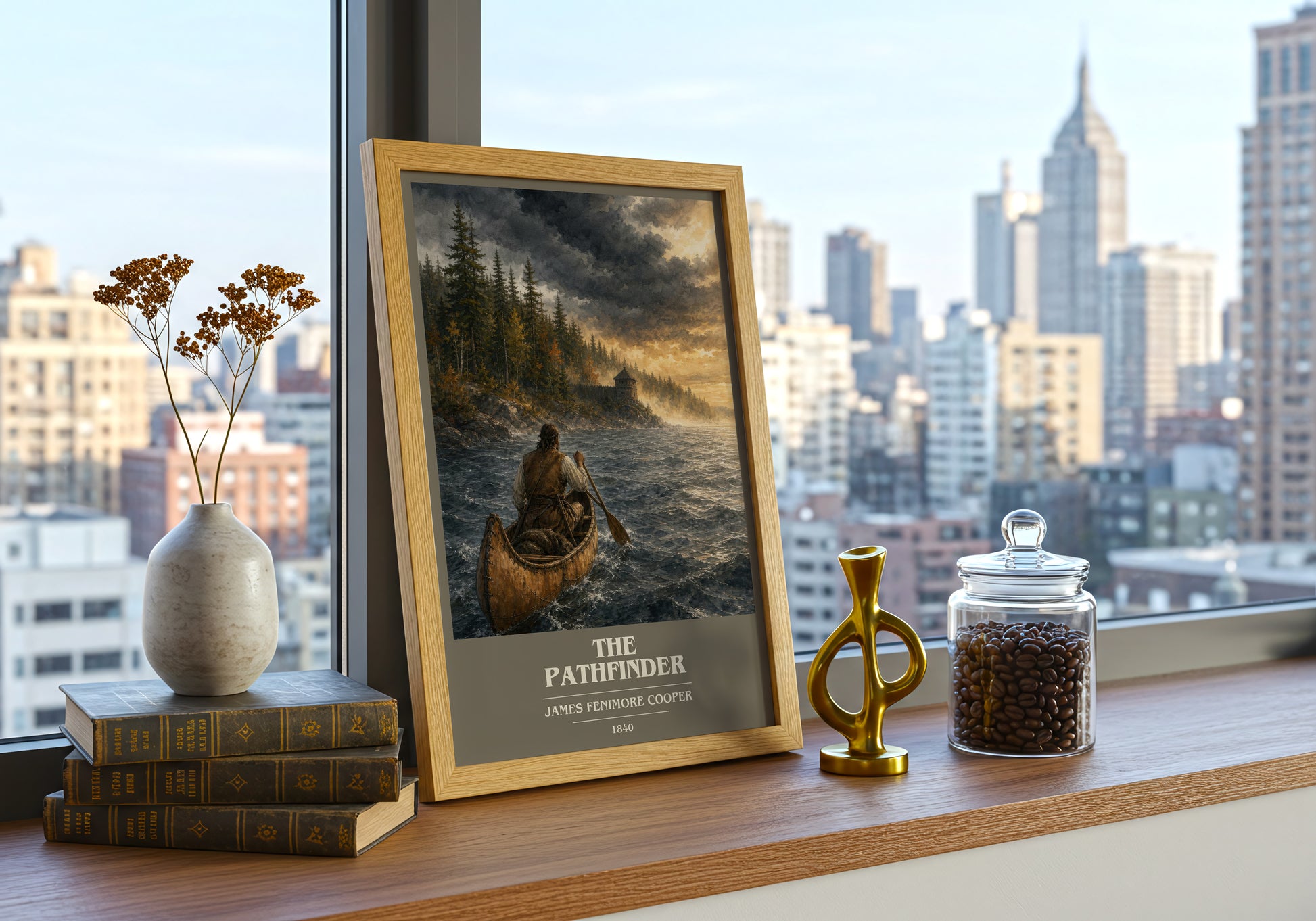 The Pathfinder book cover print framed by window – literary home decor
