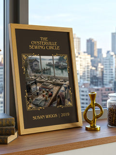 The Oysterville Sewing Circle Classic Book Art Print by Susan Wiggs – framed print on a city-view windowsill
