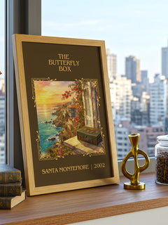 The Butterfly Box Classic Book Art Print by Santa Montefiore – framed print on a city-view windowsill