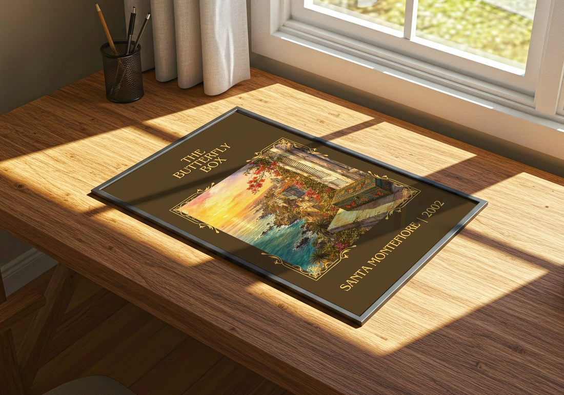 The Butterfly Box Classic Book Art Print by Santa Montefiore – print on a sunlit desk