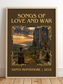 Songs of Love and War Classic Book Art Print by Santa Montefiore – framed print leaning on a wooden floor
