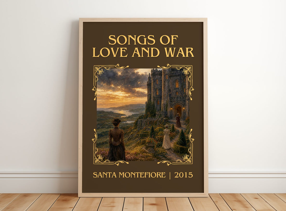 Songs of Love and War Classic Book Art Print by Santa Montefiore – framed print leaning on a wooden floor