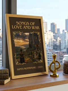 Songs of Love and War Classic Book Art Print by Santa Montefiore – framed print on a city-view windowsill