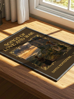 Songs of Love and War Classic Book Art Print by Santa Montefiore – print on a sunlit desk