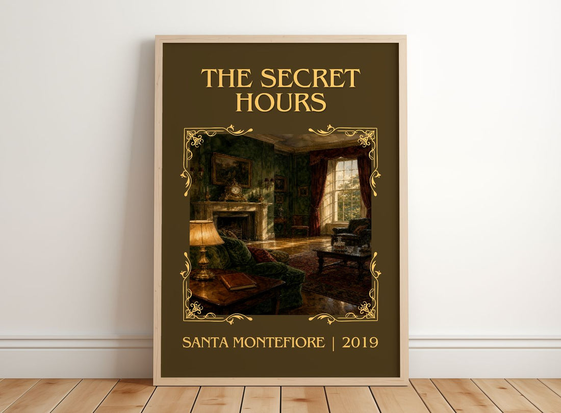 The Secret Hours Classic Book Art Print by Santa Montefiore – framed print leaning on a wooden floor
